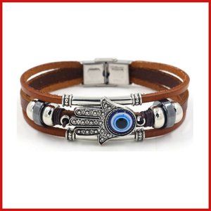 NEW Stainless Steel Leather and Beaded Hamsa/Hand of Fatima Evil Eye